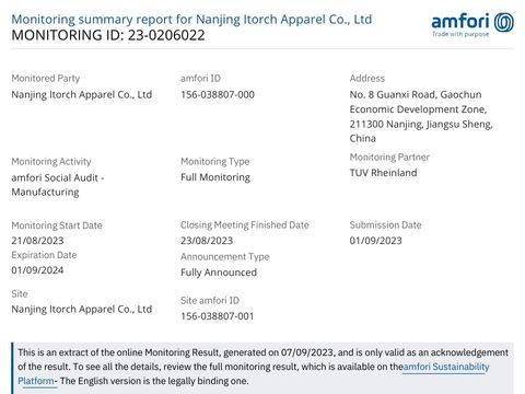Amfori monitoring of Itorch apparel