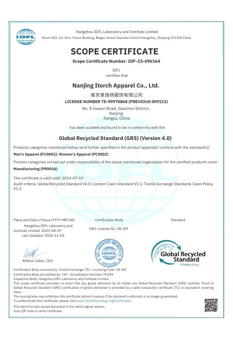 Itorch apparel's Global Recycled Standard Certification by IDFL.