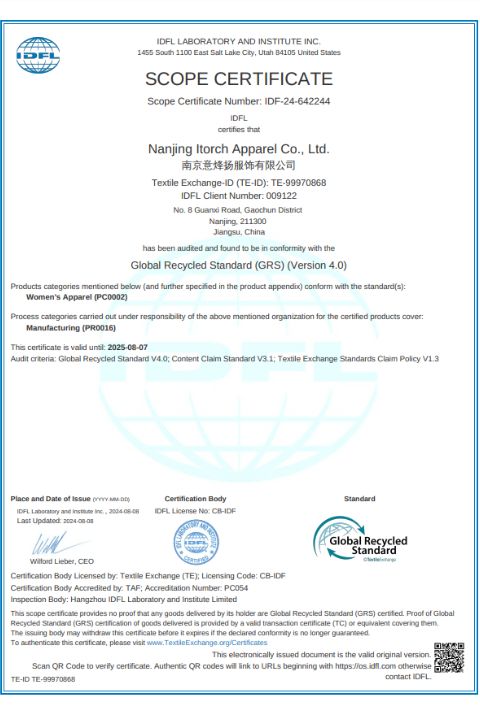 Grlobal Recycled Standard certificate awarded to Itorch Apparel for 2024 to 2025