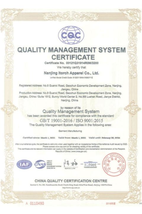 ISO 9001 certification awarded to Itorch Apparel by reason of its quality management system.