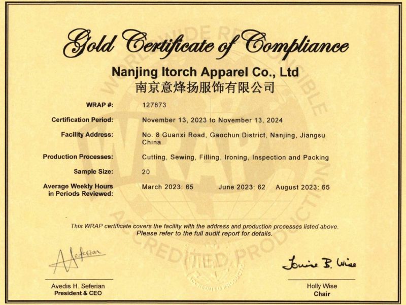 World Responsible Accredited Production Gold compliance certificate for Itorch Apparel.