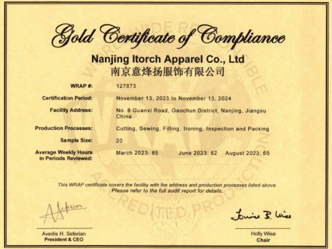 Itorch apparel's Gold Certificate of Compliance awarded from Worldwide Responsible Accredited Production.